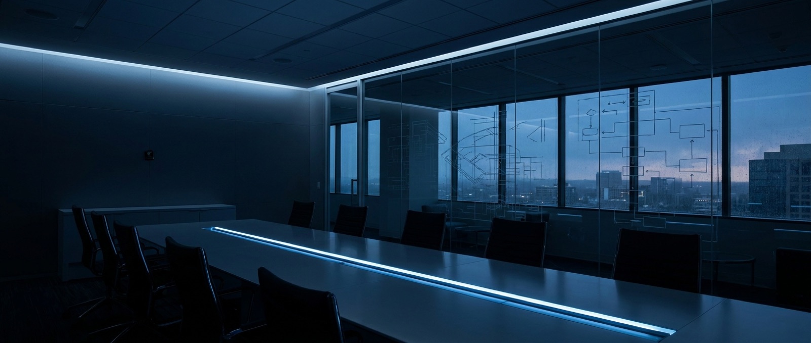 Strategy room at dusk representing MBA-credentialed technical leadership