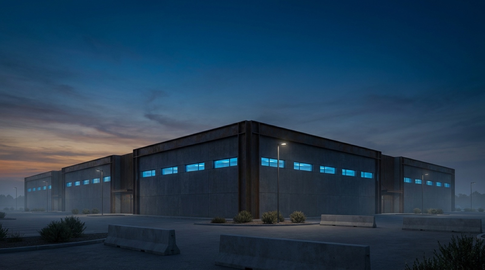 Secure technology facility at dusk, windows lit cool blue